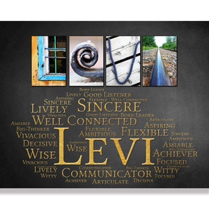 Puede incluir: Una impresión de arte de palabras dorada con el nombre "Levi" en letras grandes. El nombre está rodeado de una nube de palabras de rasgos de personalidad positivos, como "ambicioso", "decisivo", "animado" y "ingenioso".
