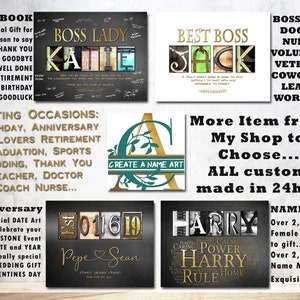May include: A collage of images showcasing personalized name art, with various designs and fonts. The images include a chalkboard with the text "Boss Lady" and a name, a sign with the text "Best Boss" and a name, a sign with the text "Boss's Day" and a list of titles, a sign with the text "Create a Name Art" and a letter A with greenery, a sign with the text "Anniversary" and a date, a sign with the text "Harry" and a list of words, and a sign with the text "Name Art" and information about the product.