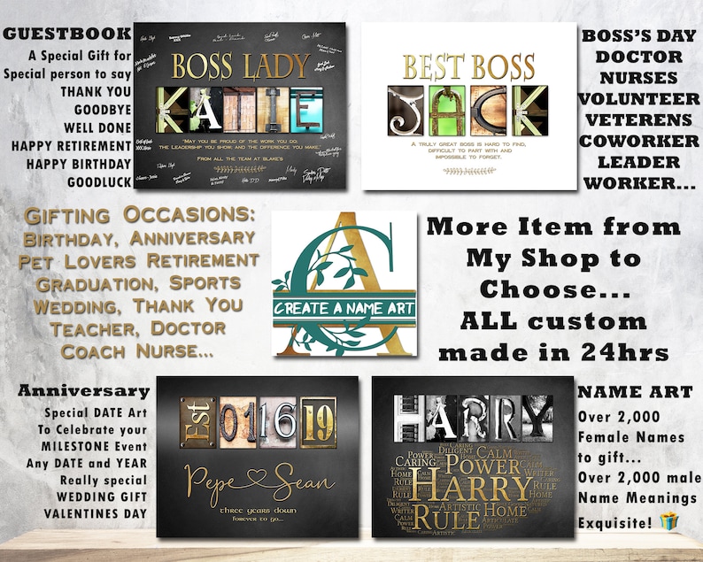 May include: A collage of images showcasing personalized name art, with various designs and fonts. The images include a chalkboard with the text "Boss Lady" and a name, a sign with the text "Best Boss" and a name, a sign with the text "Boss's Day" and a list of titles, a sign with the text "Create a Name Art" and a letter A with greenery, a sign with the text "Anniversary" and a date, a sign with the text "Harry" and a list of words, and a sign with the text "Name Art" and information about the product.