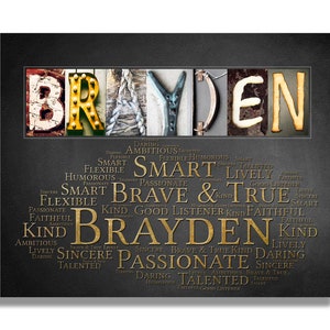 Name Sign Wall Art Decor Personalized Gift Typography Poster Printable Letter Art Brayden Name Meaning - 4 Digital Prints or ANY NAME A-Z