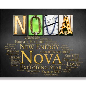 May include: A black background with gold letters spelling out the name "NOVA".  The letters are surrounded by a word cloud of positive adjectives, such as "bright future", "new energy", "honorable", "heroic", "skillful", "dreamer", "loyal", "exploding star", "enigmatic", and "open minded".