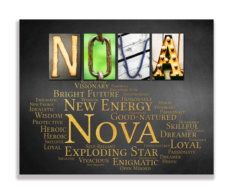 May include: A black background with gold letters spelling out the name "NOVA".  The letters are surrounded by a word cloud of positive adjectives, such as "bright future", "new energy", "honorable", "heroic", "skillful", "dreamer", "loyal", "exploding star", "enigmatic", and "open minded".