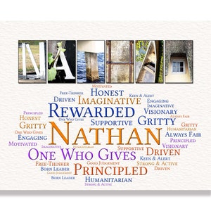 May include: A word art print with the name "Nathan" spelled out in colorful letters. The letters are made up of images of windows and doors. The name is surrounded by a word cloud of positive adjectives, including "honesty", "gritty", "driven", "supportive", "imaginative", "visionary", and "principled".