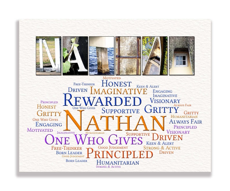May include: A word art print with the name "Nathan" spelled out in colorful letters. The letters are made up of images of windows and doors. The name is surrounded by a word cloud of positive adjectives, including "honesty", "gritty", "driven", "supportive", "imaginative", "visionary", and "principled".