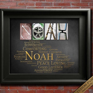 May include: A black framed print with a gold background and the name "NOAH" spelled out in large letters. The letters are made up of different images. Below the name is a list of positive character traits in gold lettering.