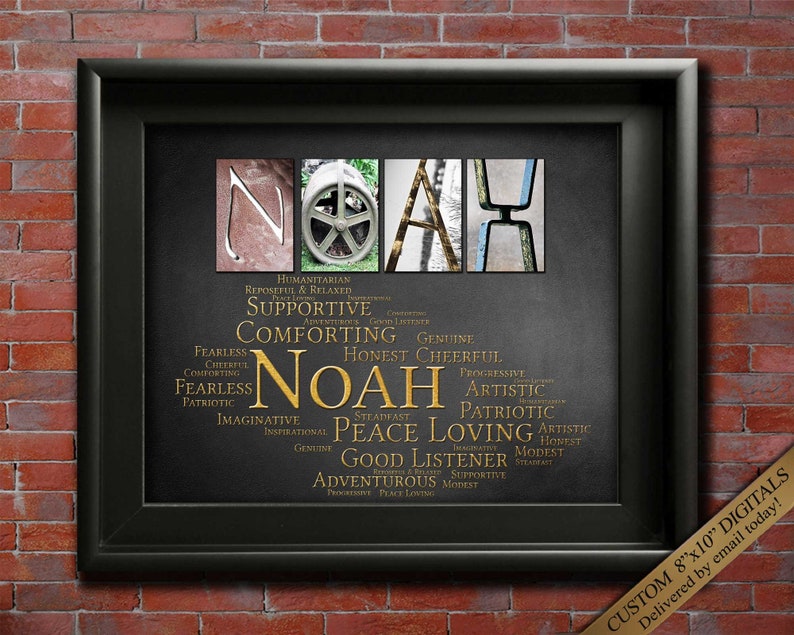 May include: A black framed print with a gold background and the name "NOAH" spelled out in large letters. The letters are made up of different images. Below the name is a list of positive character traits in gold lettering.