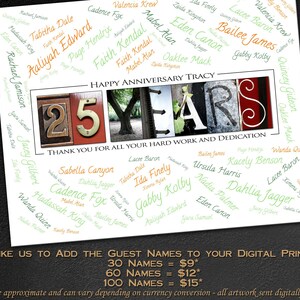 May include: A digital print with a red, white, and green color scheme. The print features the numbers 25 in a vintage style font, surrounded by a word cloud of names. The text "HAPPY ANNIVERSARY TRACY" is at the top of the print. The text "THANK YOU FOR ALL YOUR HARD WORK AND DEDICATION" is below the numbers. The print also includes pricing information for adding more names to the word cloud.