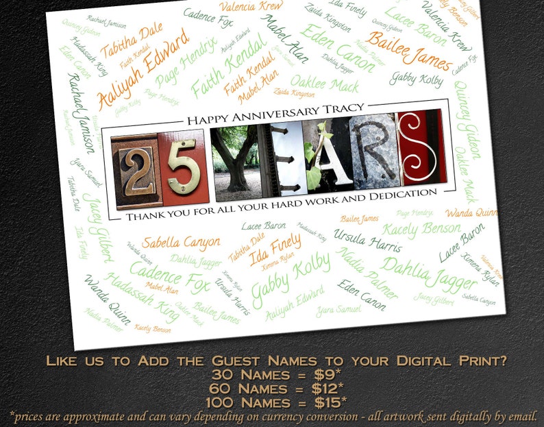 May include: A digital print with a red, white, and green color scheme. The print features the numbers 25 in a vintage style font, surrounded by a word cloud of names. The text "HAPPY ANNIVERSARY TRACY" is at the top of the print. The text "THANK YOU FOR ALL YOUR HARD WORK AND DEDICATION" is below the numbers. The print also includes pricing information for adding more names to the word cloud.