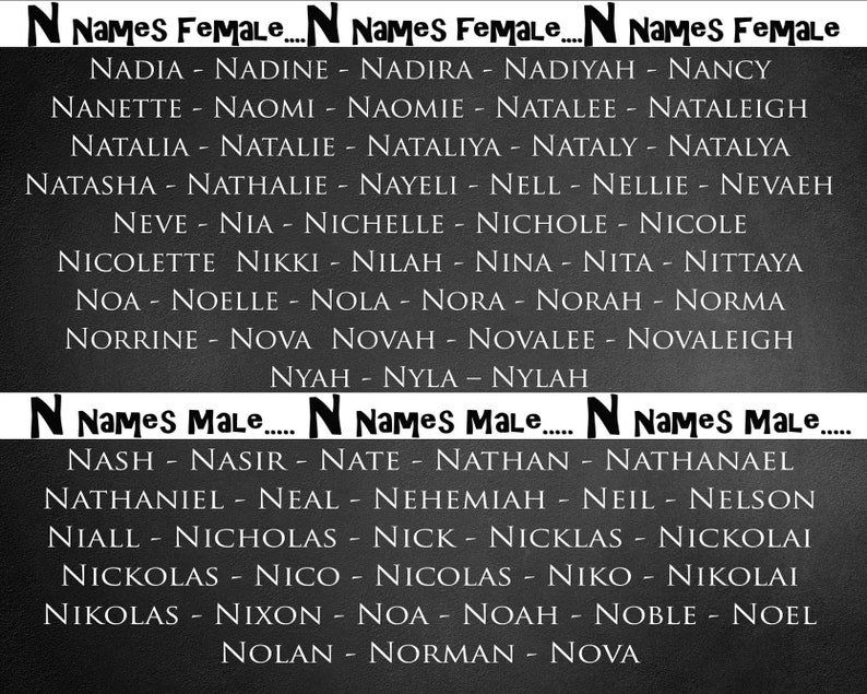 May include: A black and white image with a list of names starting with the letter N. The names are separated by hyphens and are organized into two columns, one for female names and one for male names.