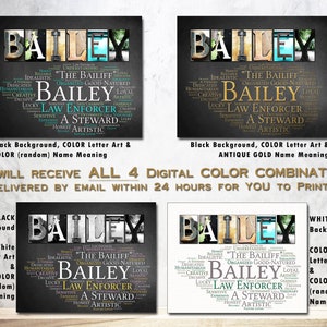 Kids Room Bailey Name Sign Wall Art Décor Personalized Gift Typography Poster Printable Art Name Meaning - 4 Digital Prints ANY NAME A-Z