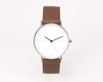 Montre homme en cuir brun foncé et cadran blanc glacier