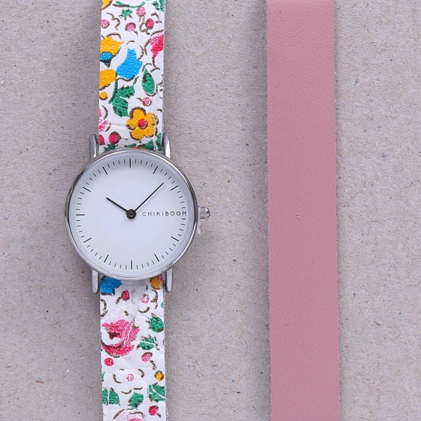 DUO - Montre femme en cuir fleuri avec bracelet interchangeable rose et cadran blanc