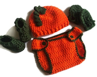 Newborn Halloween Costume/ Baby Pumpkin Costume/ Crochet Newborn Photo Prop / Handmade Baby boy/ Photo Shoot Set