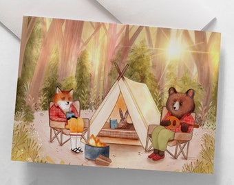 Carte de souhaits - « Camping en forêt » / Greeting cards / Stationery / Illustration / Artwork / Forest / Bear / Fox / Summer /