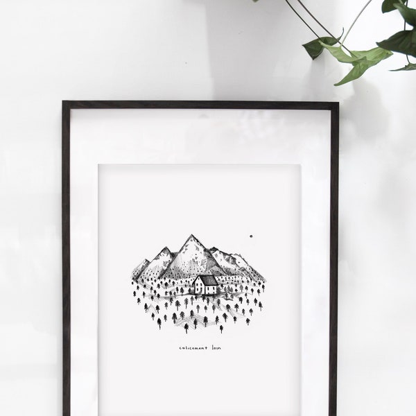 Large illustration poster 16x20 in. "Chalicement Loin" / Print / Illustration / Artwork / Quebec / Mountains / Nature / Cabin