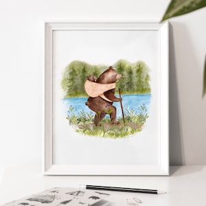 Cartel de ilustración “Primera caminata” / Impresión / Ilustración / Obra de arte / Quebec / Familia / Oso / Bebé / Senderismo / Bosque imagen 1