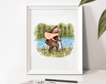 Illustration poster "First hike" / Print / Illustration / Artwork / Quebec / Family / Bear / Baby / Hiking / Forest