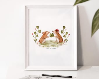 Illustrative poster "Create your luck" / Print / Illustration / Artwork / Quebec / Mouse / Four-leaf clovers / Love