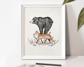 "Fox Lift" illustration Poster / Print / Illustration / Artwork / Quebec / Fox / Bear