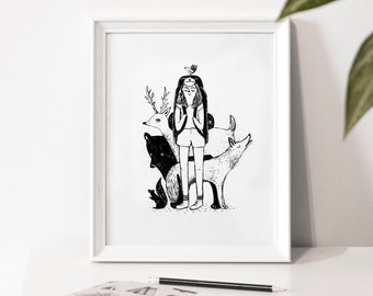 Cartel de ilustración “El viajero” / Impresión / Ilustración / Obra de arte / Quebec / Backbacker / Animales / Viajes