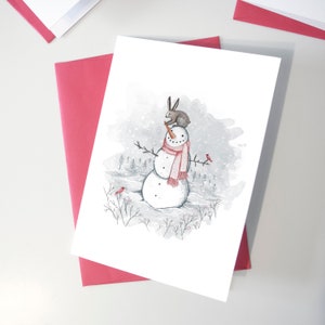 Carte de souhaits - Bonhomme de neige et lièvre - Joyeuses fêtes / Christmas - Card - Greeting cards- Carte de voeux - Noël