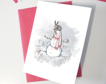Greeting Card - Snowman and Hare - Happy Holidays / Christmas - Card - Greeting cards- Greeting Card - Christmas