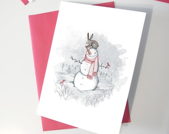 Greeting card - Snowman and hare - Happy holidays / Christmas - Card - Greeting cards - Greeting card - Christmas