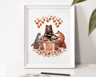 Illustration poster "Fondue in the forest" / Print / Illustration / Artwork / Quebec / Animal / Forest / Cuisine / Friends