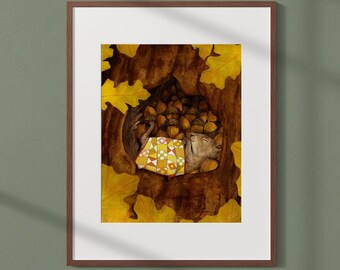 Grande affiche d'illustration 16x20 po « Repos » / Print / Illustration / Artwork / Québec / Fall / Nature / Squirrel