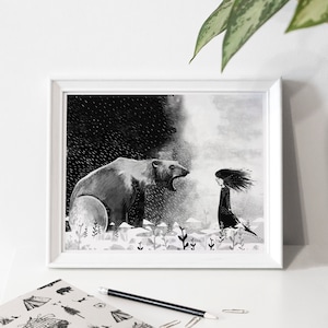 May include: Black and white illustration of a polar bear roaring at a girl with long hair blowing in the wind. The bear is in the foreground and the girl is in the background. The image is set against a dark and stormy sky.