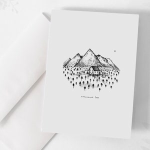 Carte de souhaits - « Calicement loin » / Greeting cards / Stationery / Illustration / Artwork / Québec / Mountains / Cabin / Canada