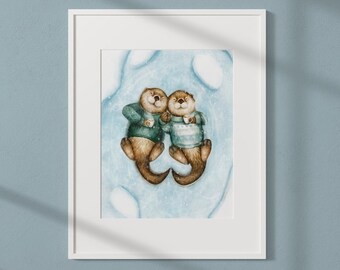 Large 16x20 in "Frosty Morning" illustration poster / Print / Illustration / Artwork / Quebec / Winter / Nature / Otters