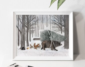 Affiche d'illustration « Travail d'équipe » / Print / Illustration / Artwork / Québec / Bear / Christmas / Winter