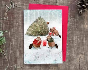 NOËL « Les castors » / Joyeuses fêtes / Christmas / Greeting card / Carte de voeux / Animal / Beavers / Québec