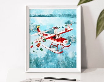 May include: A red and white airplane with a Christmas theme flies through a snowy sky.  The plane is carrying a penguin, a polar bear, and a dog.  The plane is decorated with red and white stripes and a green and red Christmas tree.  The plane is flying over a snowy landscape with trees in the background.