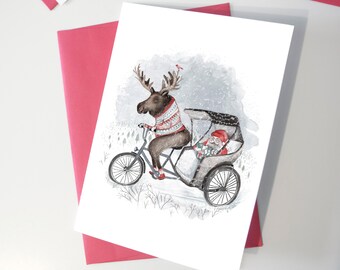 Greeting card - Moose on bike - Happy Holidays / Christmas - Card - Greeting cards - Greeting card - Christmas