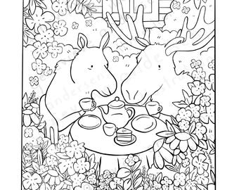Coloring | "Forest Tea Room" | Coloring Page - Digital Download | Nature, Moose and Flowers | Quebec, Canada