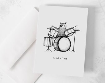 Carte de souhaits - « Le chat à 3 A.M » / Greeting cards / Stationery / Illustration / Artwork / Québec / Cat / Drum / Canada