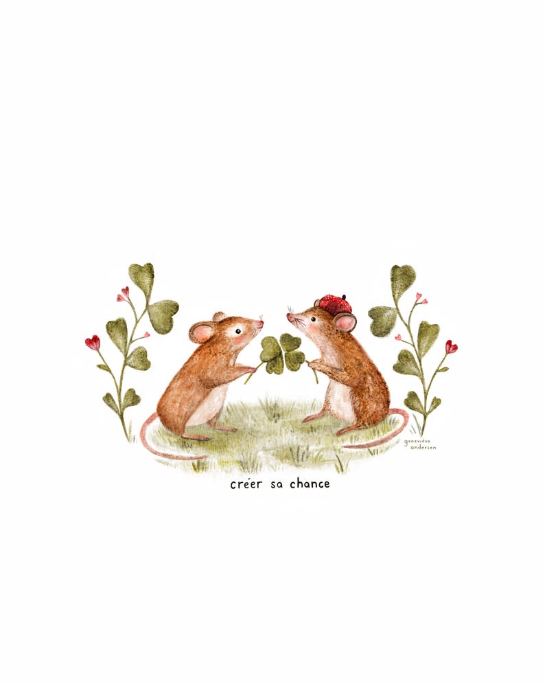 Carte de souhaits - « Créer sa chance » / Greeting cards / Stationery / Illustration / Artwork / Souris / Trèfles à quatre feuilles / Amour Bild 2