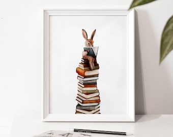 Illustration poster "The endless pile" / Books / Rabbit / Reading / Print / Illustration / Artwork