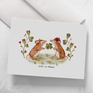 Carte de souhaits - « Créer sa chance » / Greeting cards / Stationery / Illustration / Artwork / Souris / Trèfles à quatre feuilles / Amour