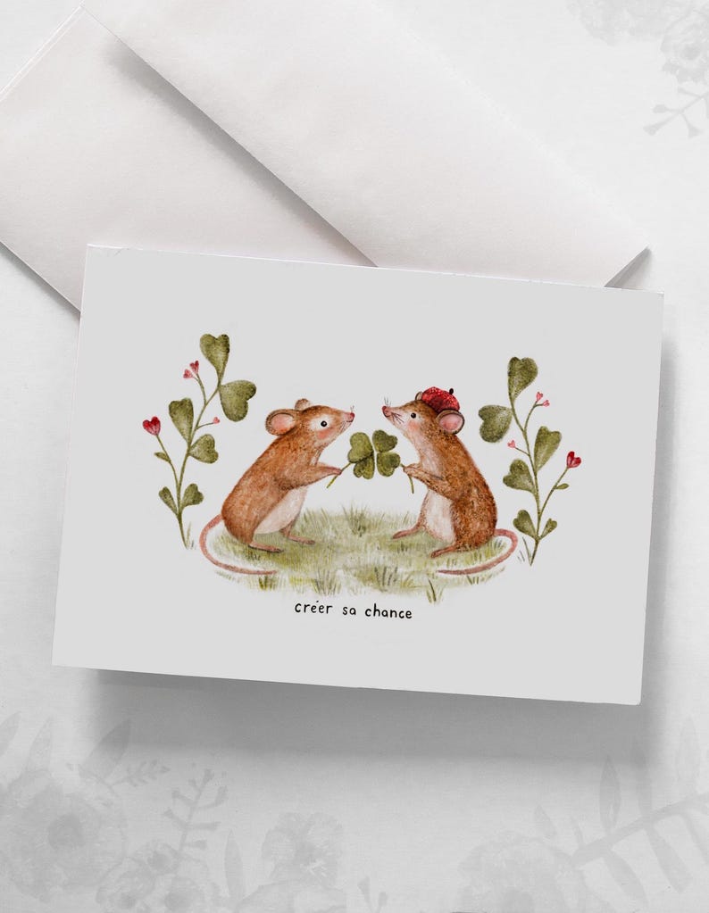Carte de souhaits - « Créer sa chance » / Greeting cards / Stationery / Illustration / Artwork / Souris / Trèfles à quatre feuilles / Amour Bild 1