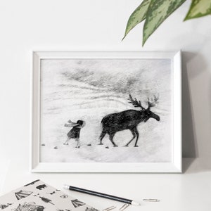 Illustration poster &quot;Following the tracks in the storm&quot; / Quebec / Moose / Print / Illustration / Artwork