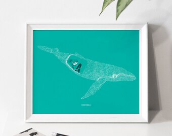 Affiche illustration - Covoiturage avec une baleine