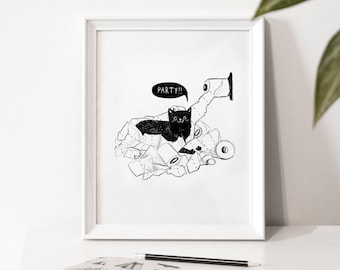 Illustration poster "Party!" / Print / Illustration / Artwork / Cat / Toilet paper / Funny / Party