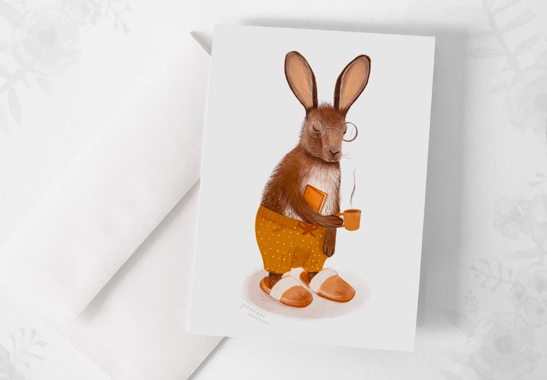 Carte de souhaits - « Le pantouflard » / Greeting cards / Stationery / Québec / Lapin / Coffee / Morning Bild 1