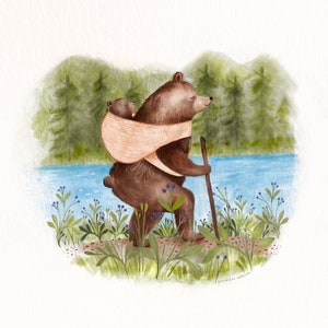 Cartel de ilustración “Primera caminata” / Impresión / Ilustración / Obra de arte / Quebec / Familia / Oso / Bebé / Senderismo / Bosque imagen 2