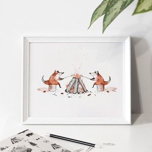 Illustration poster “Campfire + foxes” / Print / Illustration / Artwork / Quebec / Fire / Fox / Camping
