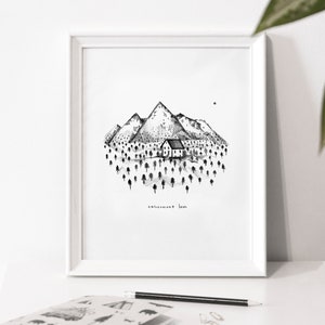 Illustration poster "Calicement Away" / Print / Illustration / Artwork / Quebec / Mountains / Cabin / Canada