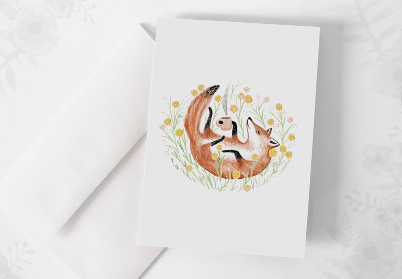 Carte de souhaits - « Renard et café » / Greeting cards / Stationery / Illustration / Artwork / Québec / Fox / Flowers / Spring / Coffee Bild 1